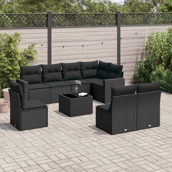 vidaXL 9-delige Loungeset met kussens poly rattan zwart