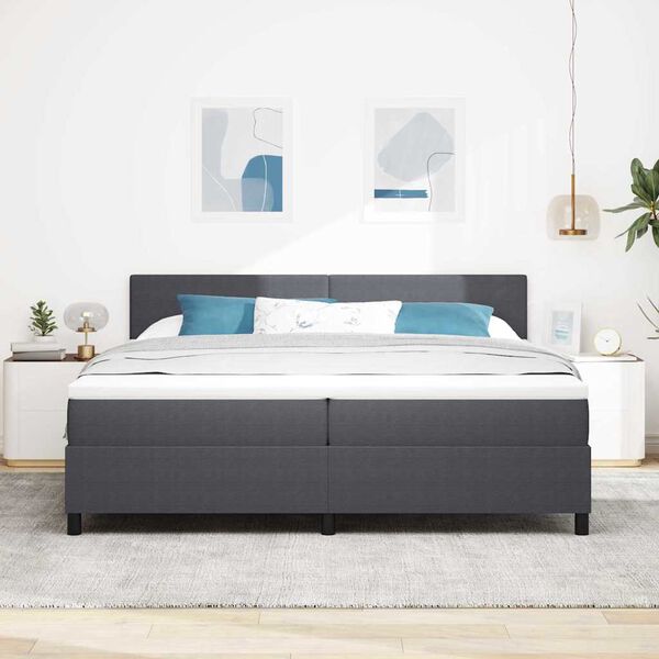 vidaXL LED Box Spring Bed Donkergrijs en Wit 200 x 200 cm Katoen Stof