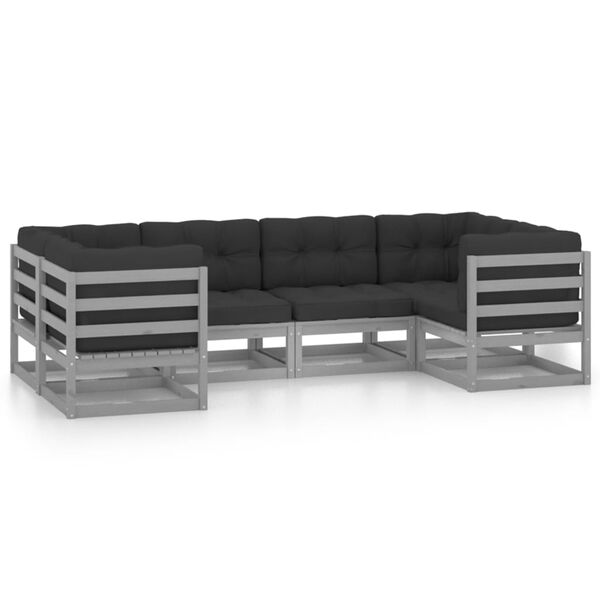 vidaXL 6-delige Loungeset met kussens massief grenenhout grijs