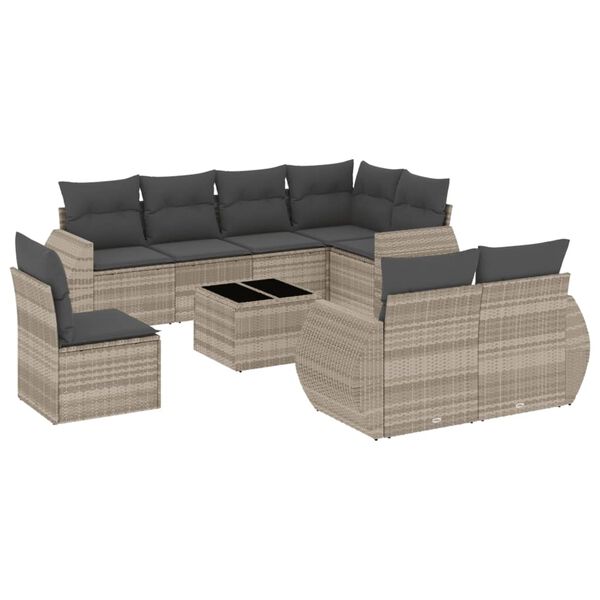 vidaXL 9-delige Loungeset met kussens poly rattan lichtgrijs