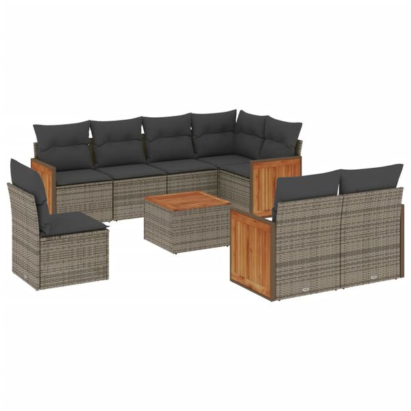 vidaXL 9-delige Loungeset met kussens poly rattan grijs