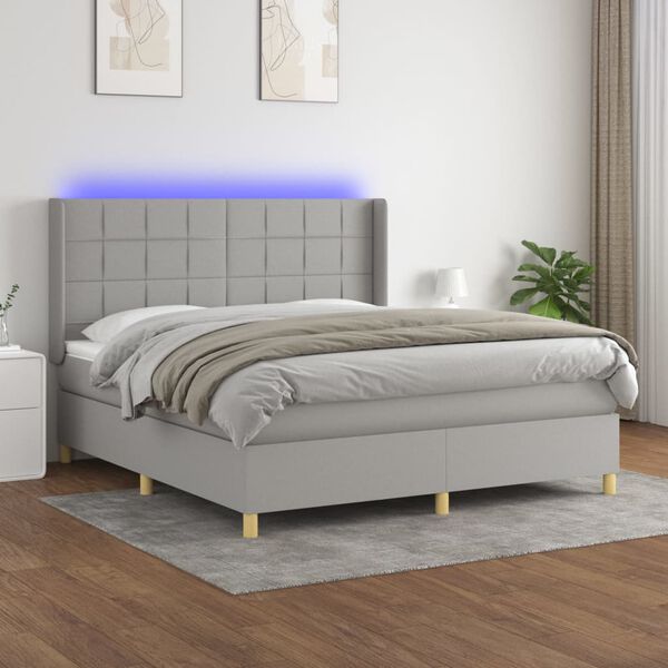 vidaXL Boxspring met matras en LED stof lichtgrijs 180x200 cm