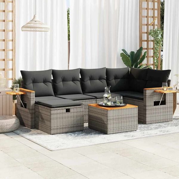 vidaXL 7-delige Loungeset met kussens poly rattan grijs