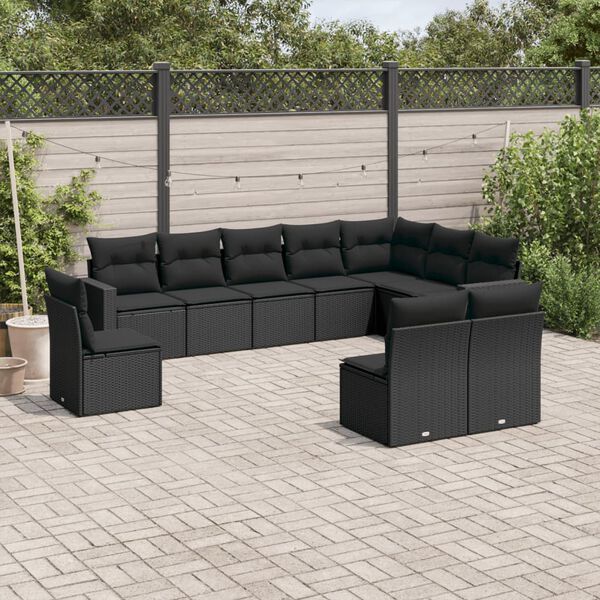 vidaXL 10-delige Loungeset met kussens poly rattan zwart
