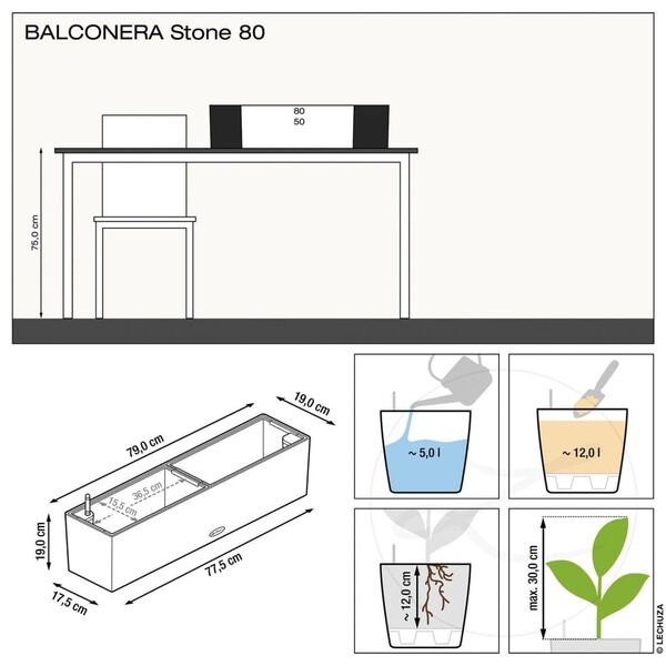 LECHUZA Plantenbak BALCONERA Stone 80 ALL-IN-ONE kwartswit