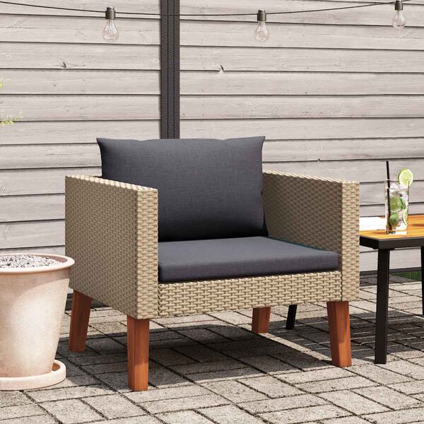 vidaXL Tuinbank eenzits met kussens poly rattan beige