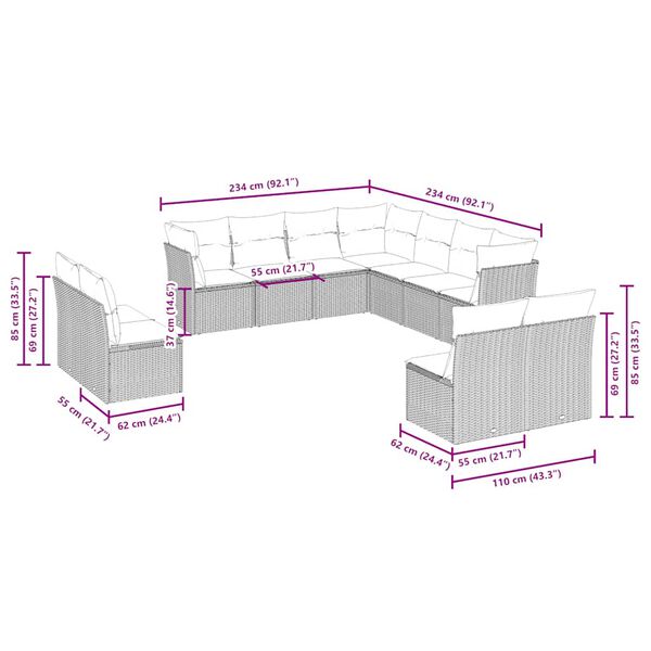 vidaXL 11-delige Loungeset met kussens poly rattan lichtgrijs
