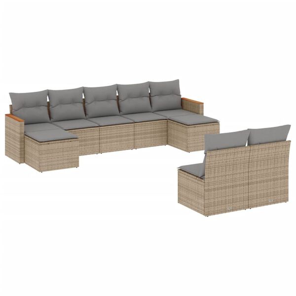 vidaXL 9-delige Loungeset met kussens poly rattan beige