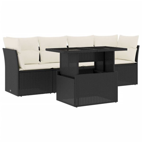 vidaXL 5-delige Loungeset met kussens poly rattan zwart
