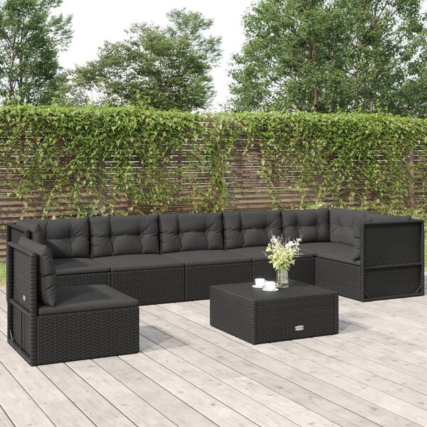 vidaXL 7-delige Loungeset met kussens poly rattan zwart