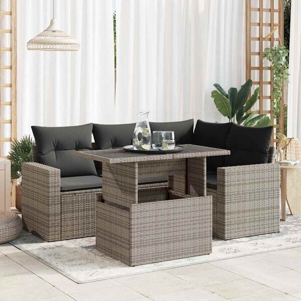 vidaXL 5-delige Loungeset met kussens poly rattan grijs