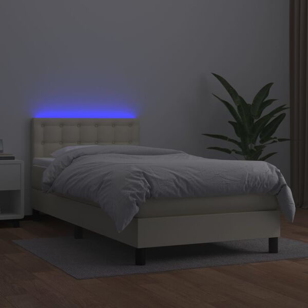 vidaXL Boxspring met matras en LED kunstleer cr&egrave;mekleurig 90x190 cm