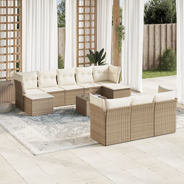 vidaXL 11-delige Tuinset met kussens poly rattan beige