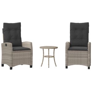 vidaXL 3-delige Bistroset met kussens poly rattan lichtgrijs