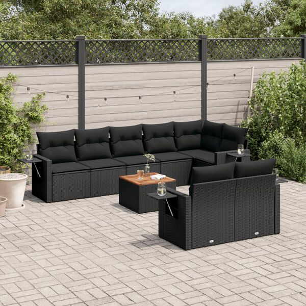 vidaXL 9-delige Loungeset met kussens poly rattan zwart