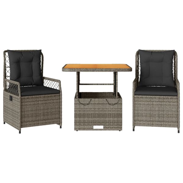 vidaXL 3-delige Tuinset met kussens poly rattan grijs