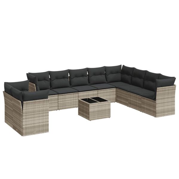 vidaXL 11-delige Loungeset met kussens poly rattan lichtgrijs