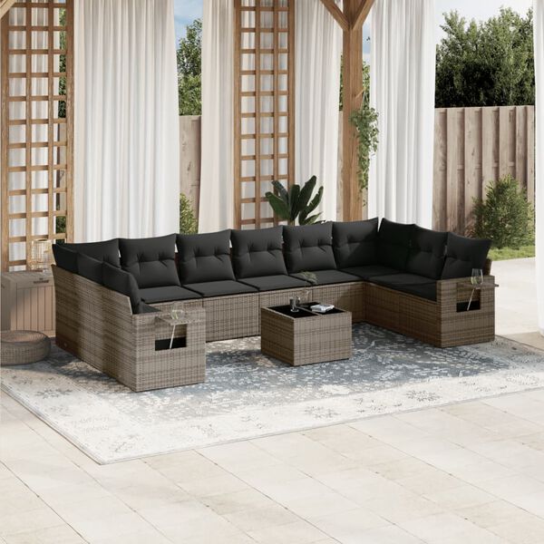 vidaXL 11-delige Loungeset met kussens poly rattan grijs