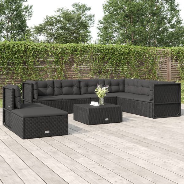 vidaXL 8-delige Loungeset met kussens poly rattan zwart