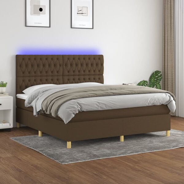 vidaXL Boxspring met matras en LED stof donkerbruin 180x200 cm