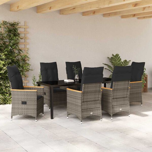 vidaXL Tuin eettafelset met kussen 7 pcs Grijs poly rattan