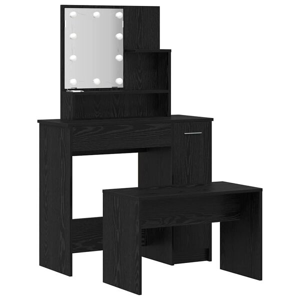 vidaXL LED Make-up Tafel Set met lade 2 pcs Zwart Eiken Bewerkt hout