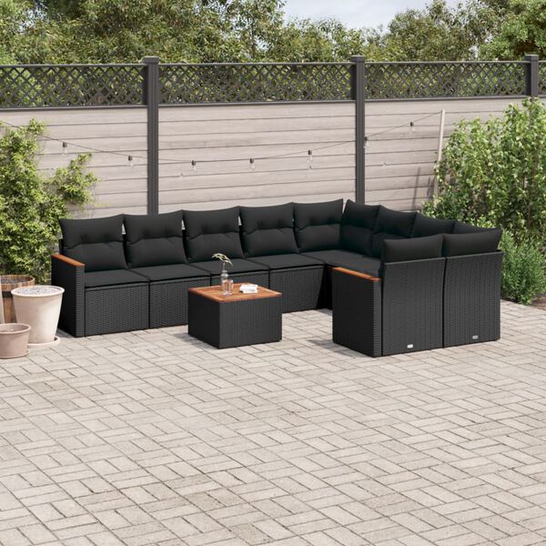 vidaXL 10-delige Loungeset met kussens poly rattan zwart