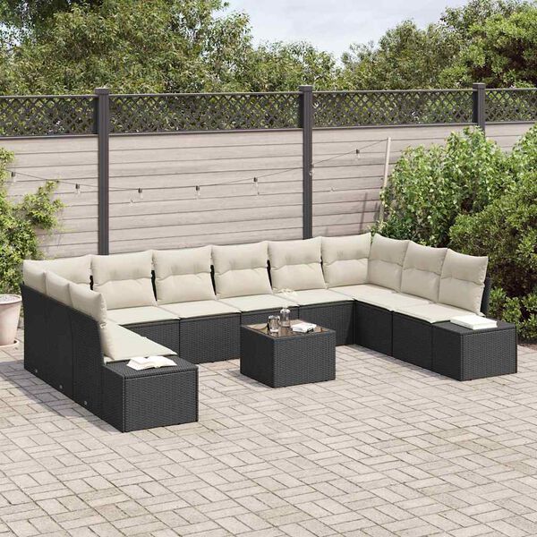 vidaXL Tuinbankenset met kussen 10 pcs Zwart en Cr&egrave;me Polyrattan