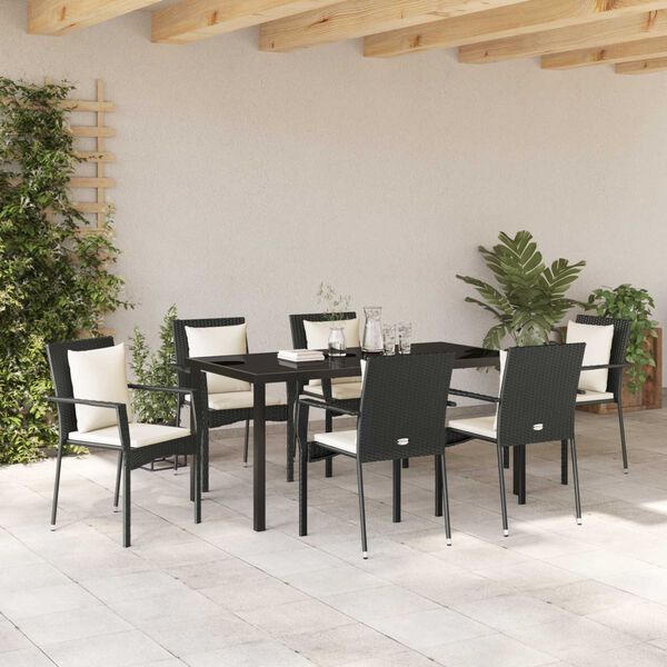 vidaXL Tuin eettafelset met kussen 7 pcs Zwart poly rattan