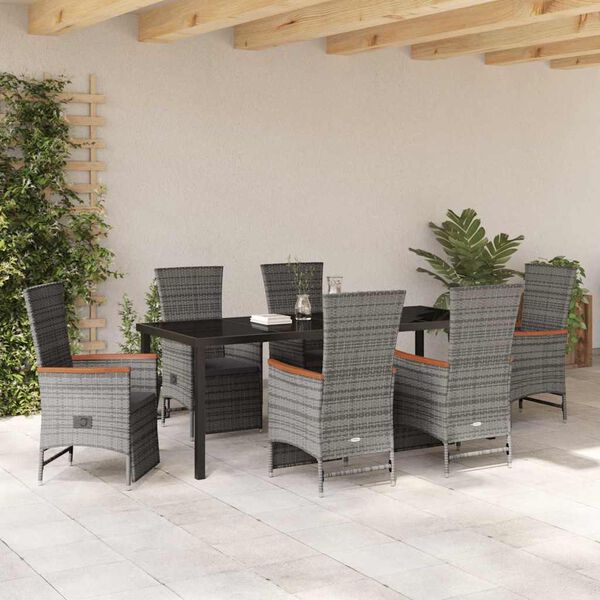 vidaXL Tuin eettafelset met kussen 7 pcs Grijs poly rattan