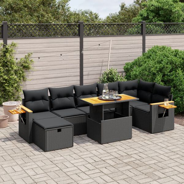 vidaXL 8-delige Loungeset met kussens poly rattan zwart