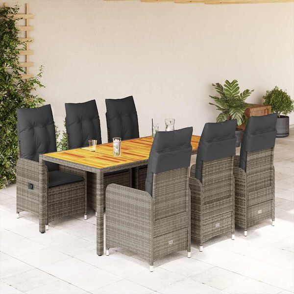vidaXL 7-delige Bistroset met kussens poly rattan grijs