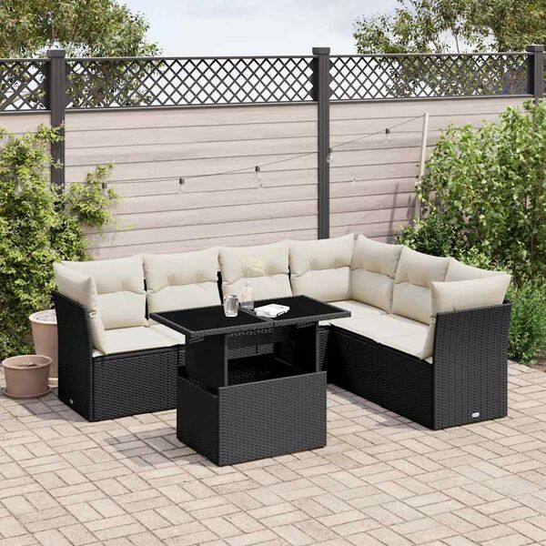 vidaXL 7-delige Loungeset met kussens poly rattan zwart
