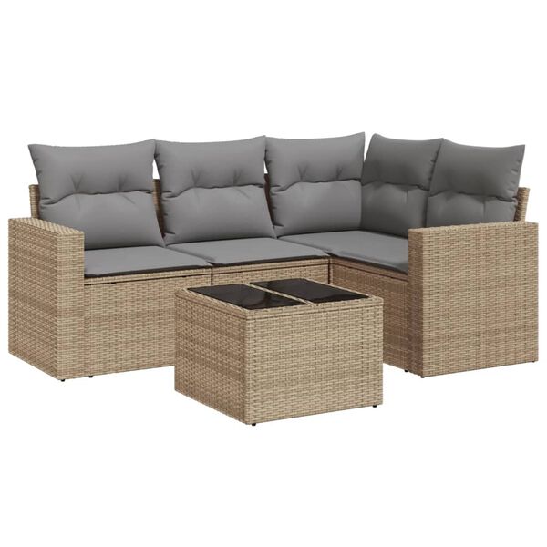 vidaXL 5-delige Loungeset met kussens poly rattan beige