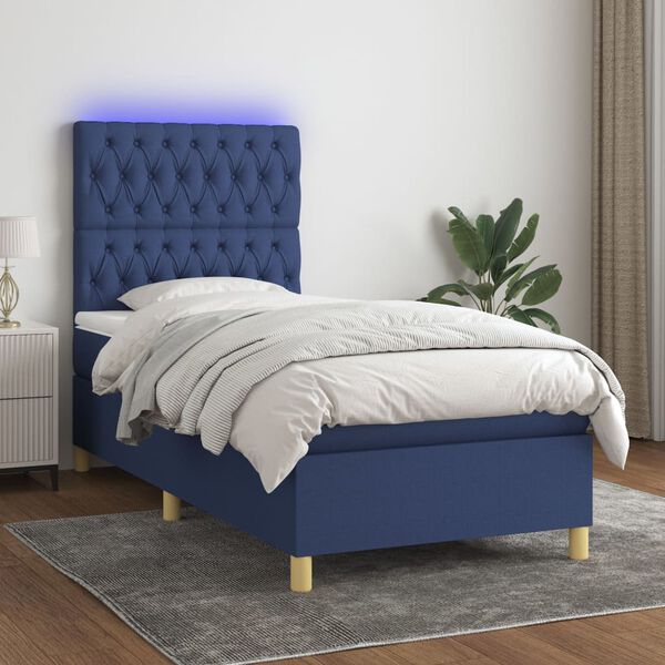vidaXL Boxspring met matras en LED stof blauw 90x200 cm