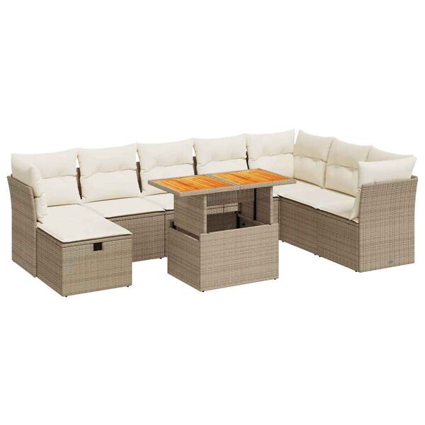 vidaXL 9-delige Loungeset met kussens poly rattan acacia beige