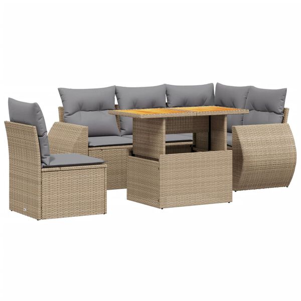 vidaXL 6-delige Loungeset met kussens poly rattan beige