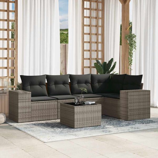 vidaXL 6-delige Loungeset met kussens poly rattan grijs