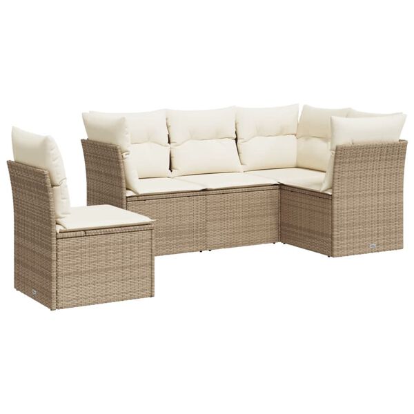 vidaXL 5-delige Loungeset met kussens poly rattan beige