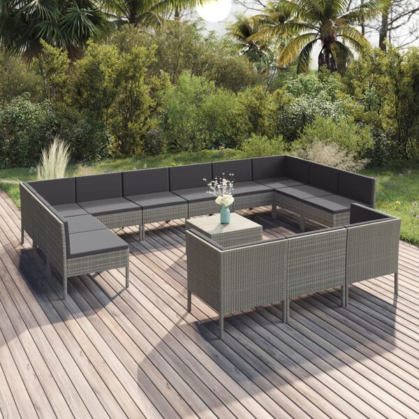 vidaXL 14-delige Loungeset met kussens poly rattan grijs