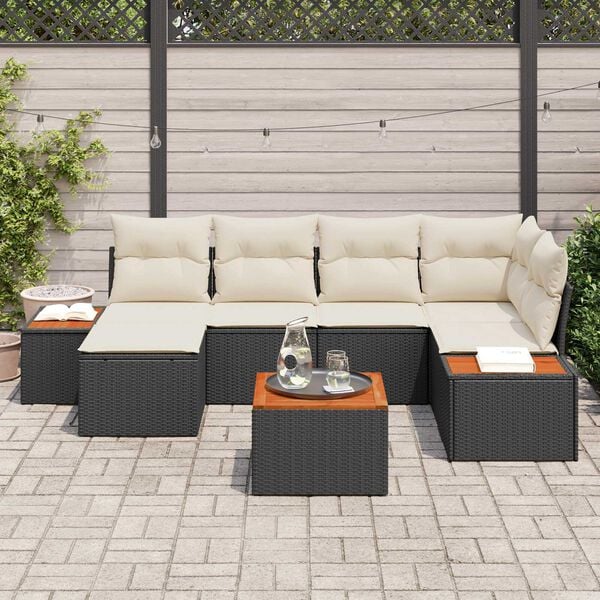 vidaXL Tuinbankenset met kussen 7 pcs Zwart en Cr&egrave;me Polyrattan
