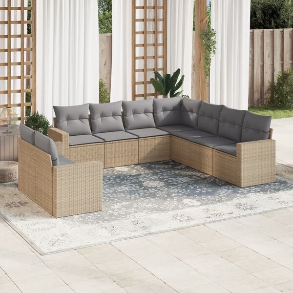 vidaXL 9-delige Loungeset met kussens poly rattan beige