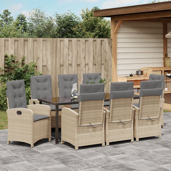 vidaXL Tuin eettafelset met kussen 9 pcs Beige poly rattan