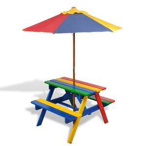 vidaXL Kinderpicknicktafel met banken en parasol hout meerkleurig