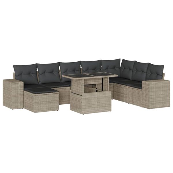 vidaXL 9-delige Loungeset met kussens poly rattan lichtgrijs
