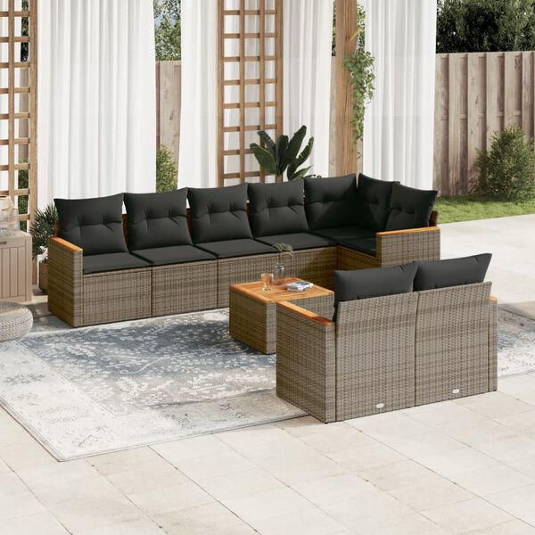 vidaXL 9-delige Loungeset met kussens poly rattan grijs