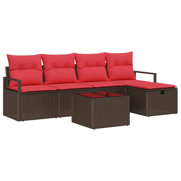 vidaXL Bankstel met kussen met opslag 6 pcs Bruin en Rood poly rattan