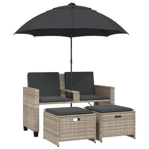 vidaXL Tuinbank 2-zits parasol en voetenbanken poly rattan lichtgrijs