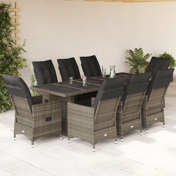 vidaXL 9-delige Bistroset met kussens poly rattan grijs