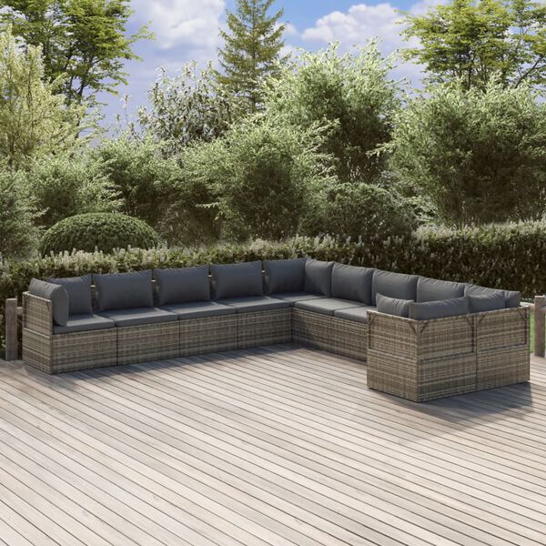 vidaXL 10-delige Loungeset met kussens poly rattan grijs